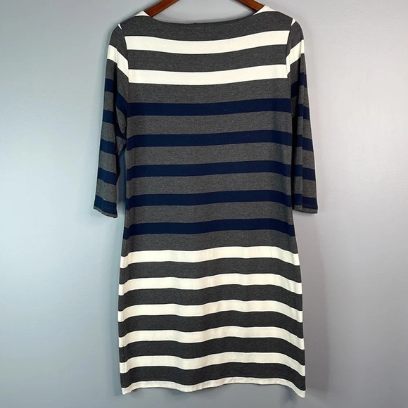 TOMMY HILFIGER Knit Dress Grey Ivory Navy Blue Stripe Boat Neck Preppy Size M - Picture 5 of 8